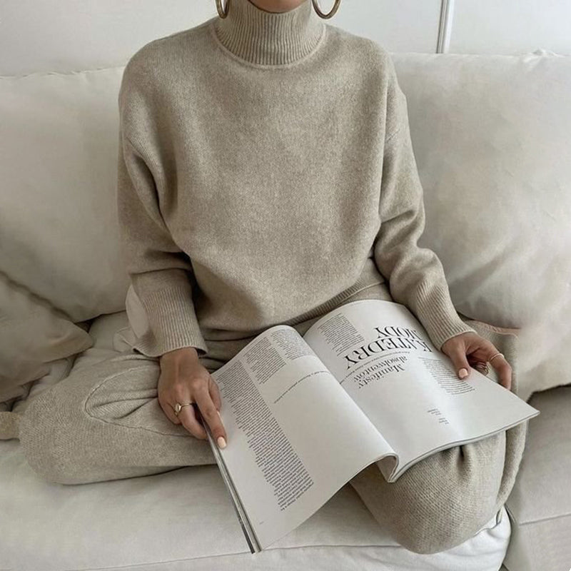 Turtleneck Solid Color Casual Sweater Two Piece Set