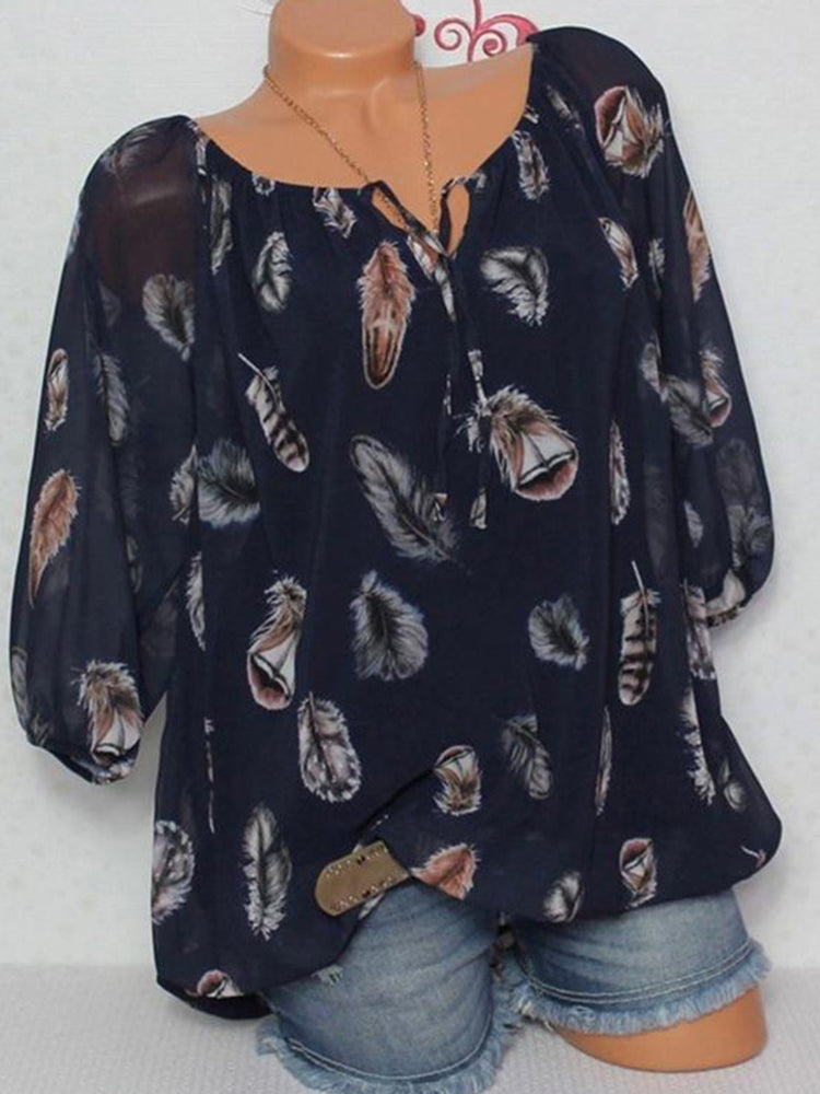 Feather-print Chiffon Pullover Top