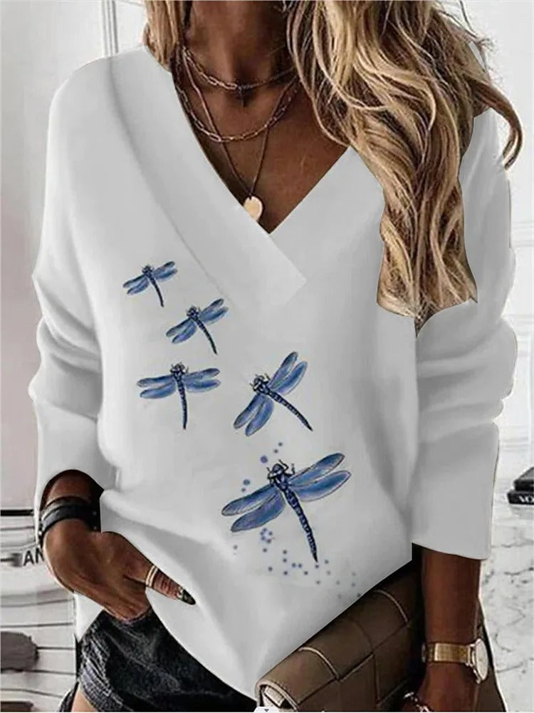 Women's   Animal Print White Loose Casual V Neck Long Sleeve Top