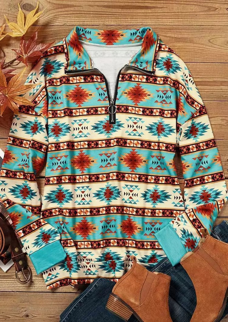 Aztec Geometric Zipper Collar Sweatshirt