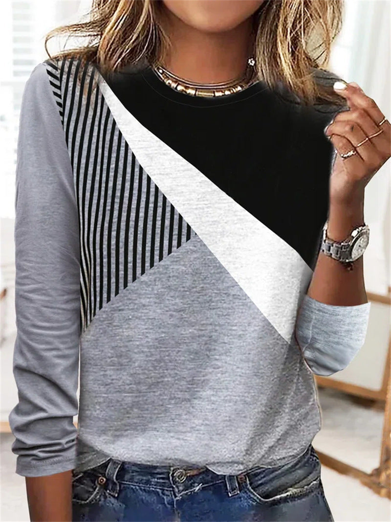 Ladies Fashion Round Neck Colorblock Striped Bottoming Long Sleeve Top