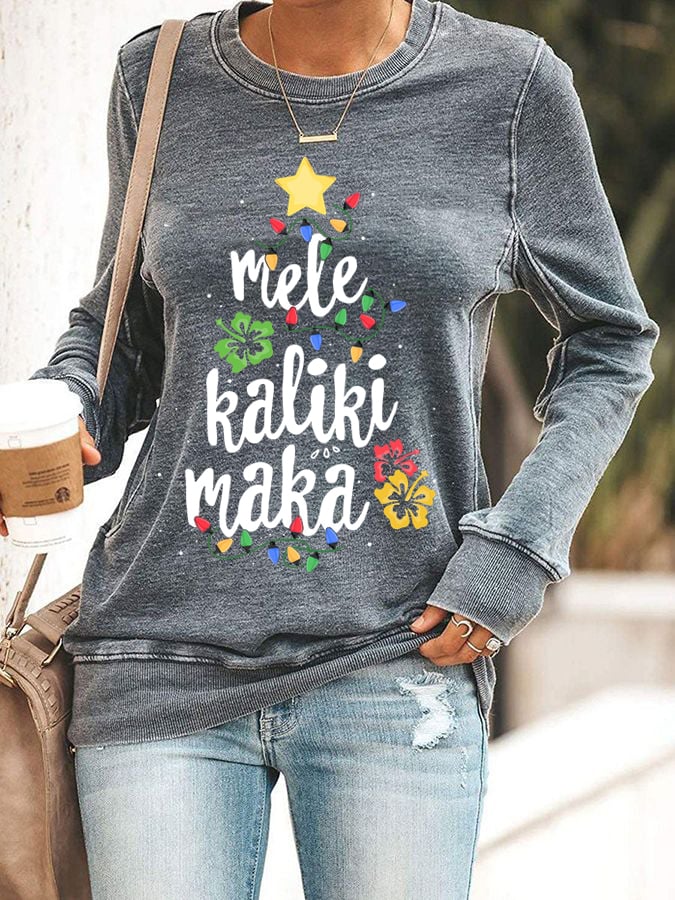 Women's Mele Kalikimaka  Hawaii Print Casual Crew Neck Sweatshirt