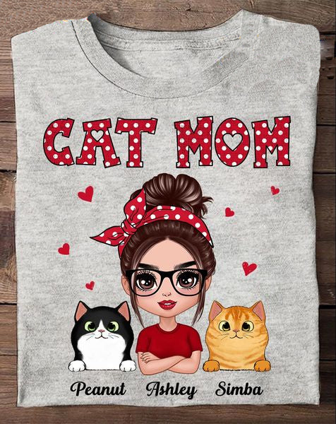Polka Dot Pattern Doll Cat Mom Personalized print T-shirt