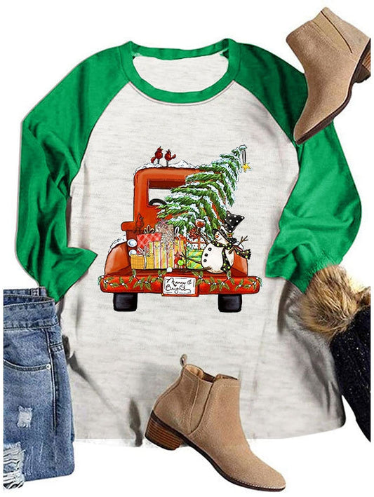 Christmas Tree Snowman Simple Crew Neck T-Shirt