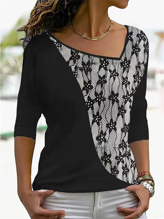 Patchwork floral print V-neck casual long-sleeve top