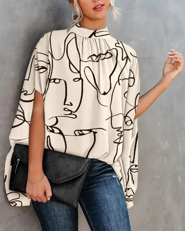 Abstract Figure Print Batwing Sleeve Cape Design Top