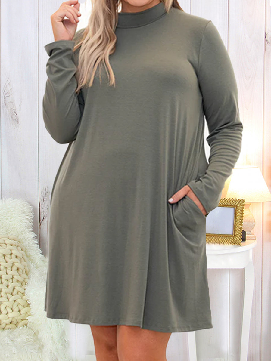 Plus Size Long Sleeve Solid Color Stack Collar Dress With Pocket