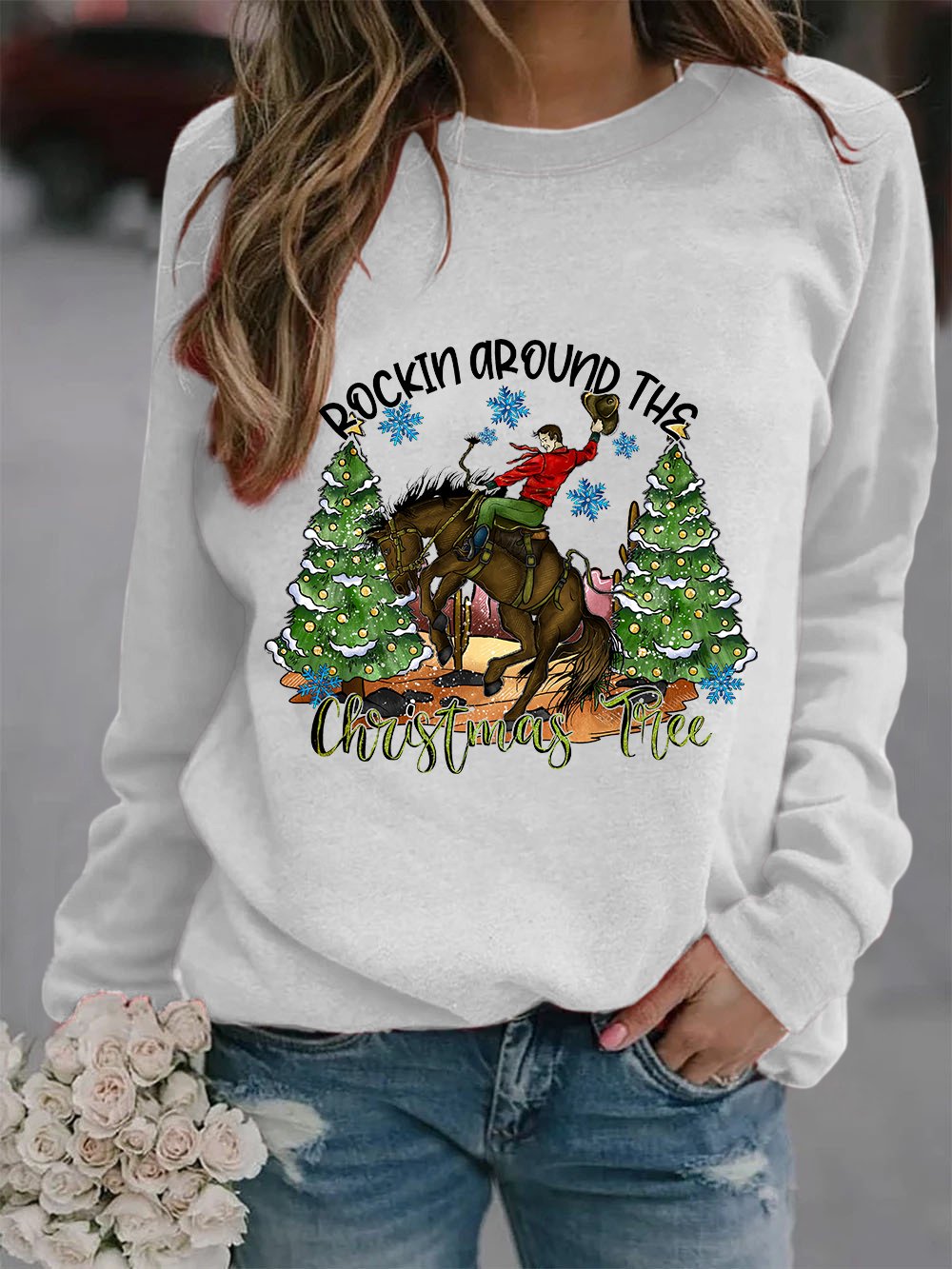Women's Western and Christmas Combine "ROCKIN AROUND THE CHRISTMAS TREE" Print Sweatshirt
