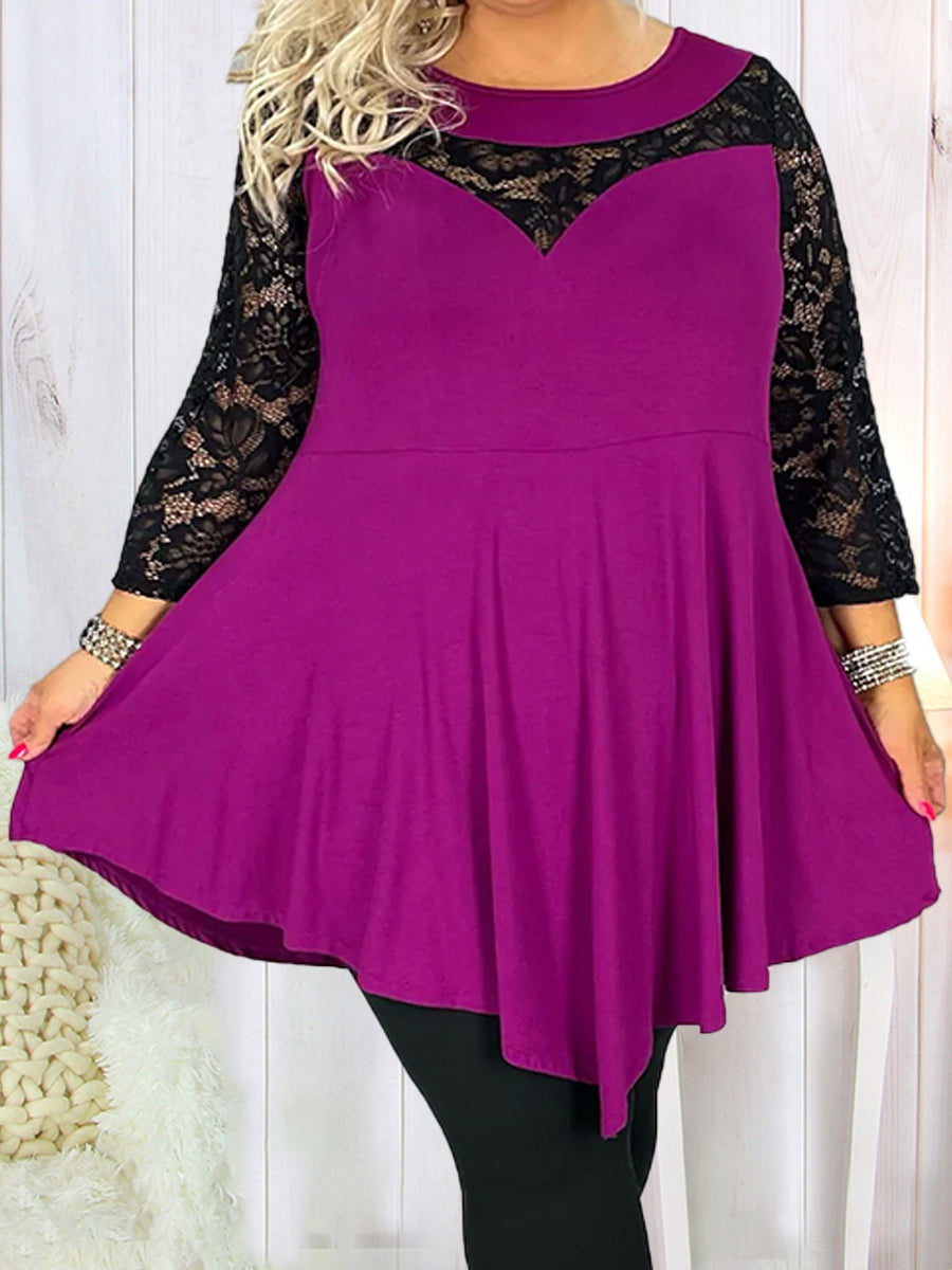 Plus Size Solid Color Lace Stitching Women Top