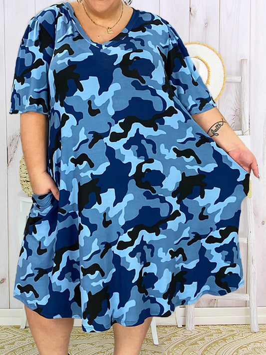 Plus Size Short Sleeve Camouflage V Neck Dress