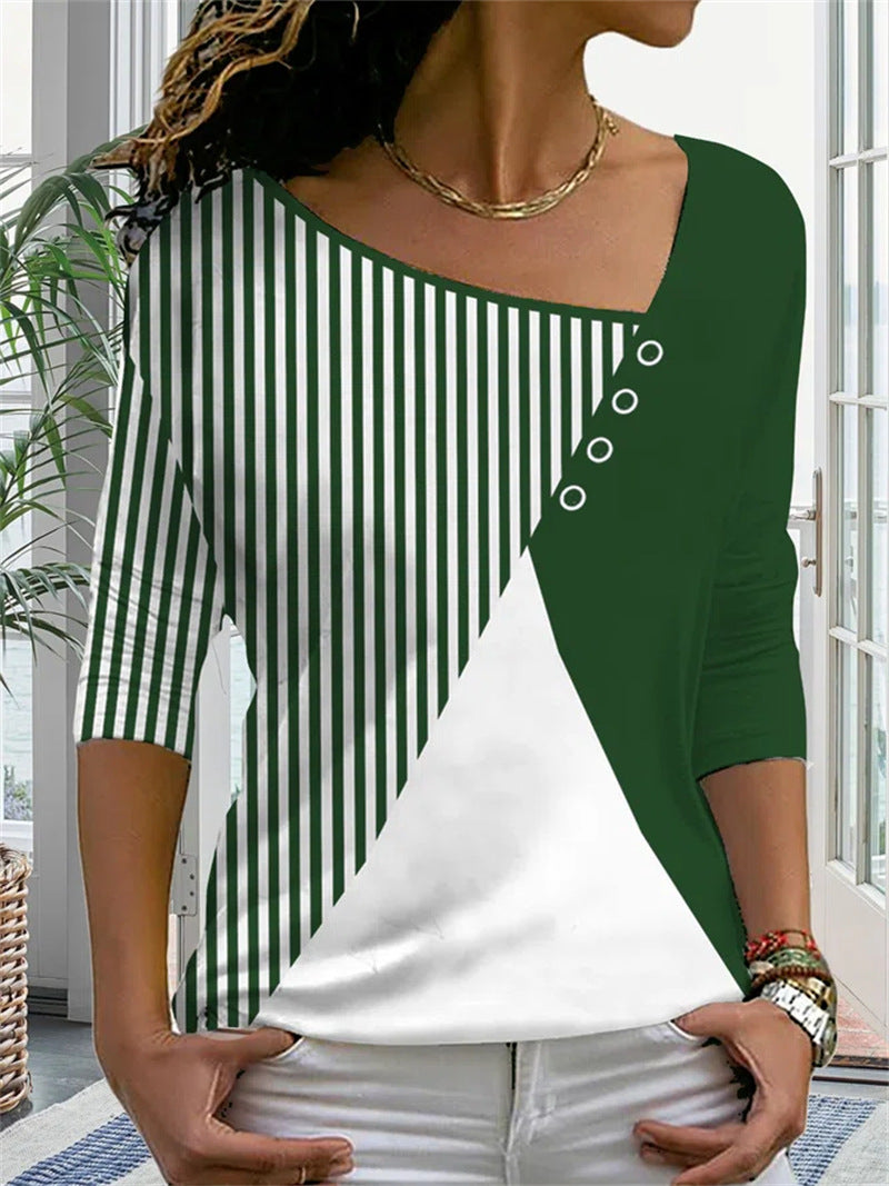 Ladies Patchwork Striped Print V-Neck Casual Long Sleeve Top