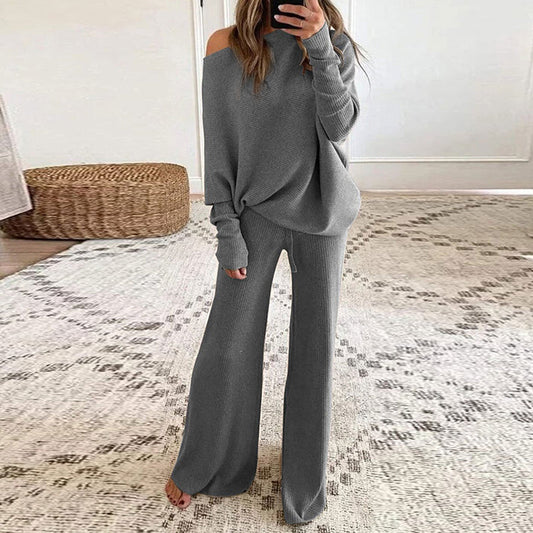 Pure color round neck long sleeve casual two-piece set