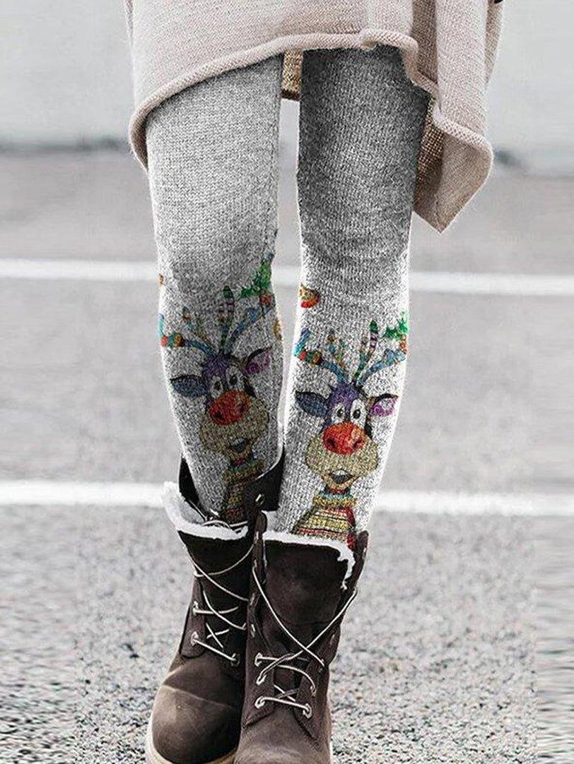 Color Reindeer Pattern Women's Warm Cozy Knit Leggings