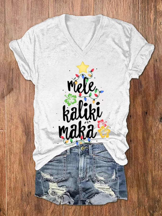 Women's Mele Kalikimaka  Hawaii Print V-Neck Short Sleeve T-Shirt