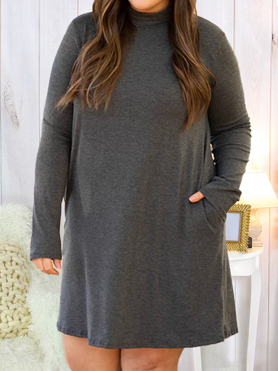 Plus Size Long Sleeve Solid Color Stack Collar Dress With Pocket