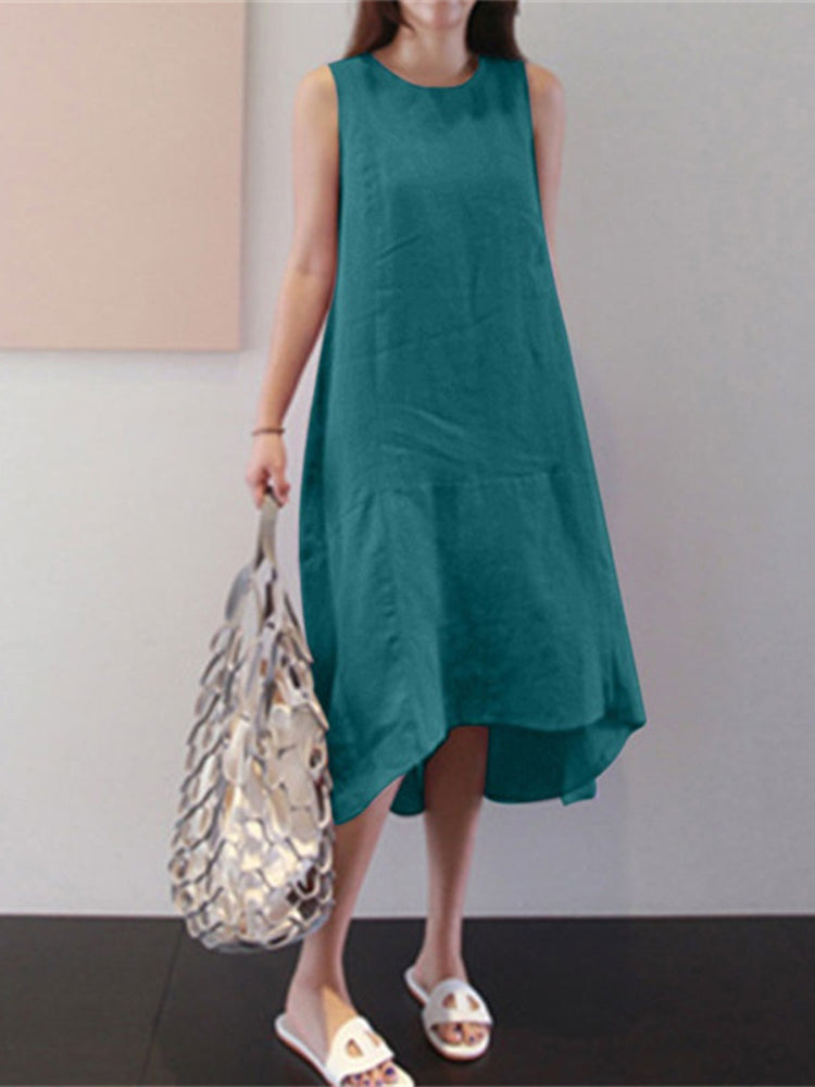 Summer round neck long skirt solid color cotton and linen dress