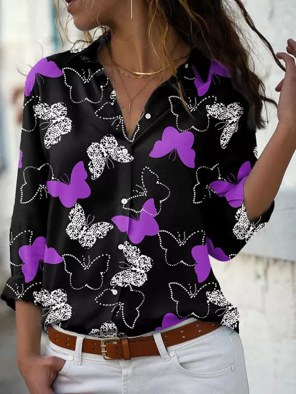 Women's Fashion Butterfly Print Long Sleeve Shirt