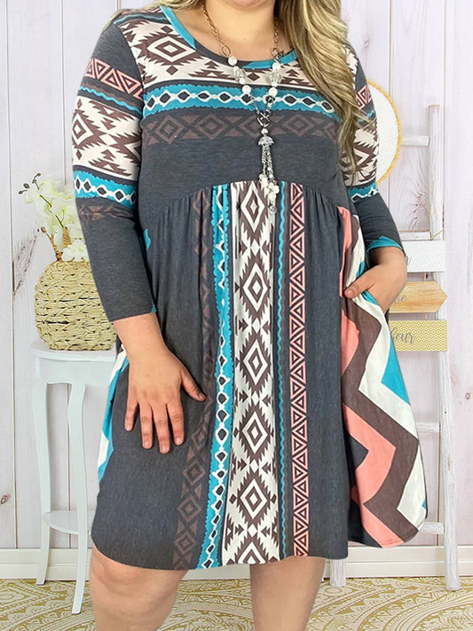 Plus Size Casual Round Neck Long Sleeve Printed Dress