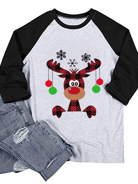 Christmas Elk Print Crew Neck T-Shirt