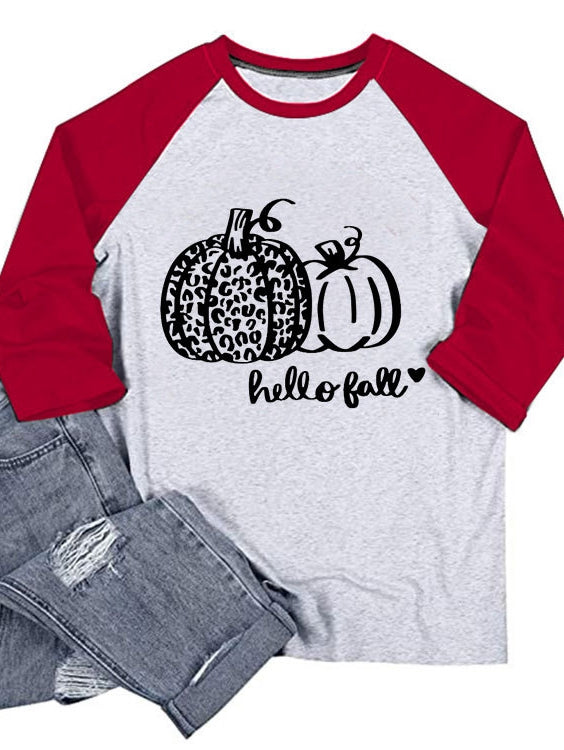 Hello fall pumpkin simple seven-point stitching raglan sleeve T-shirt