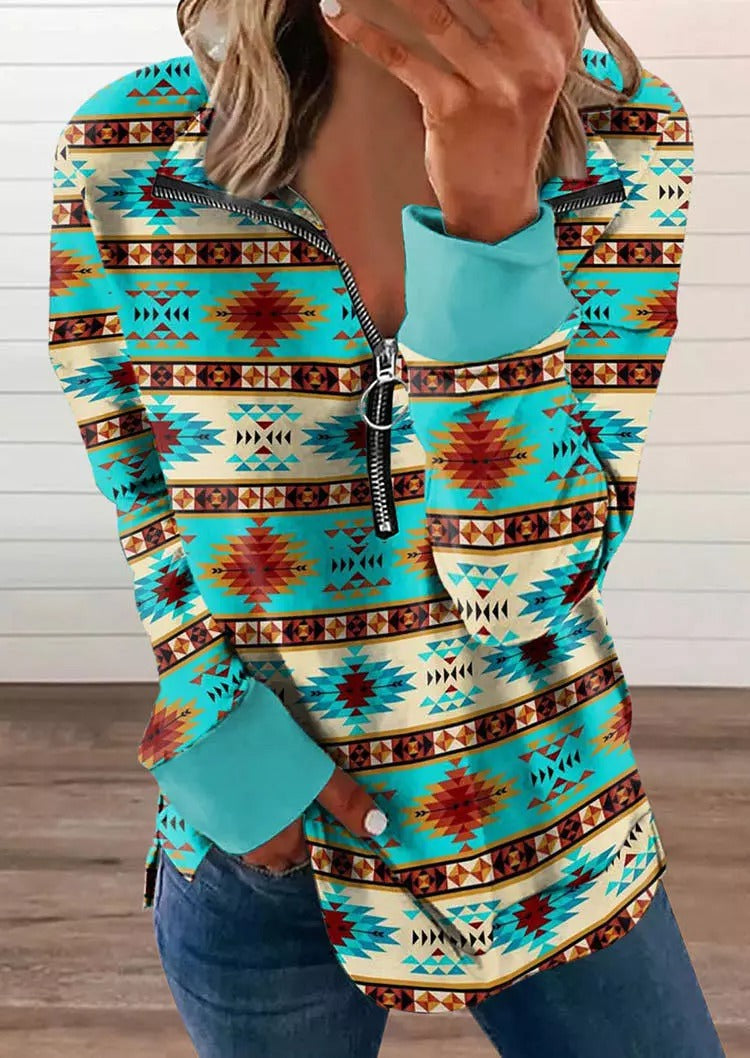 Aztec Geometric Zipper Collar Sweatshirt