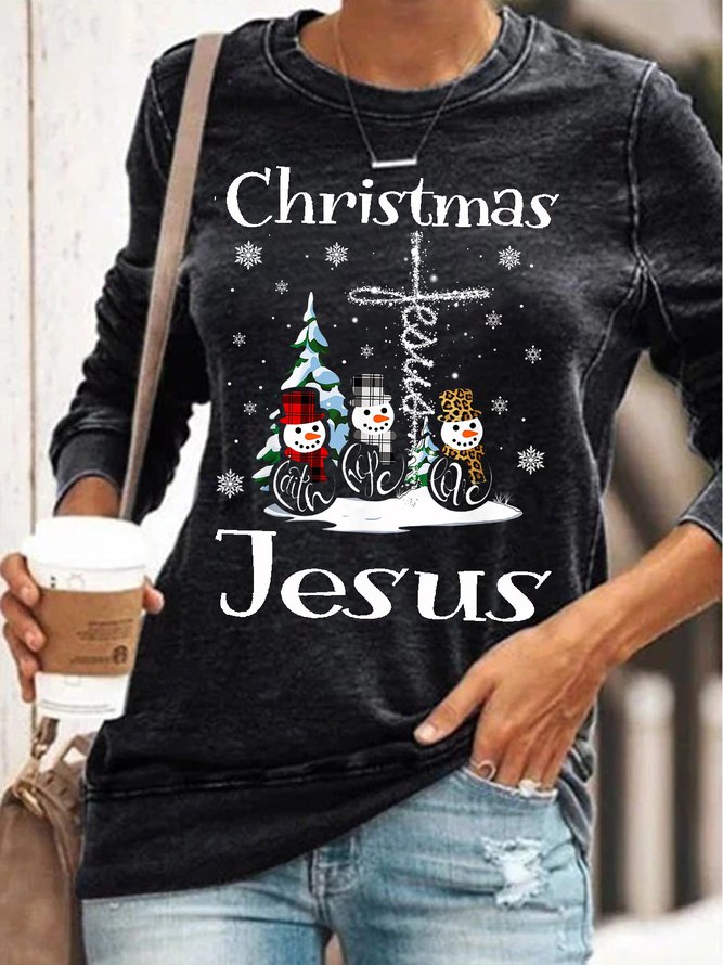 Womens Faith Hope Love Merry Christmas Snowman Jesus Crew Neck Sweatshirts