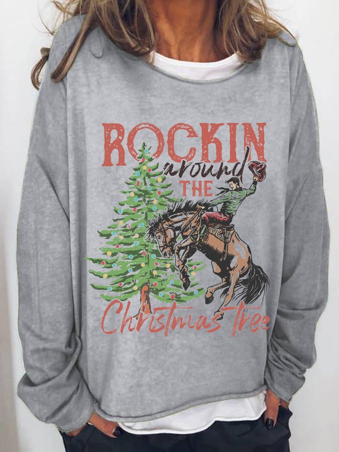 Women's Rockin Around The Christmas Tree Printed Casual Sweatshirt