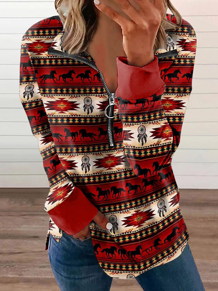 Women's Vintage Zip Collar Aztec Pattern Sweatshirt