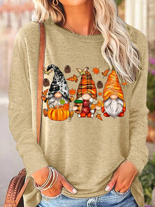 Women Halloween Christmas Gnome Fall Leaves Casual Crew Neck Tops