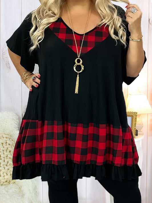 Plus Size Printed Stitching Flounce Women Top