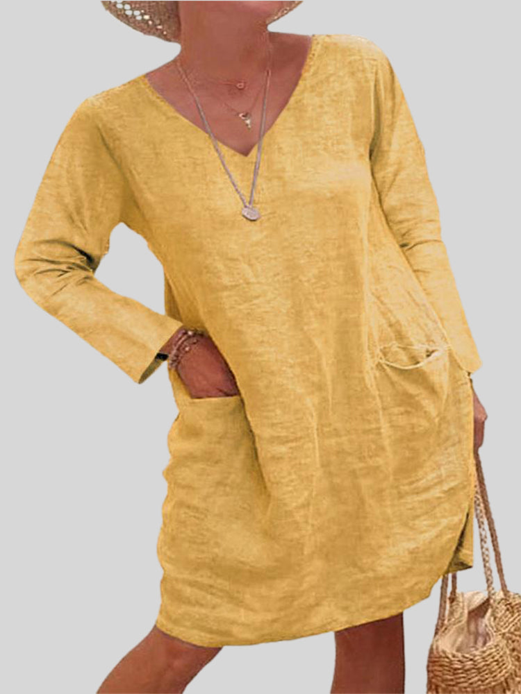 Loose Solid Color Pocket Short Sleeve Round Neck Washed Cotton Linen Dress Women's