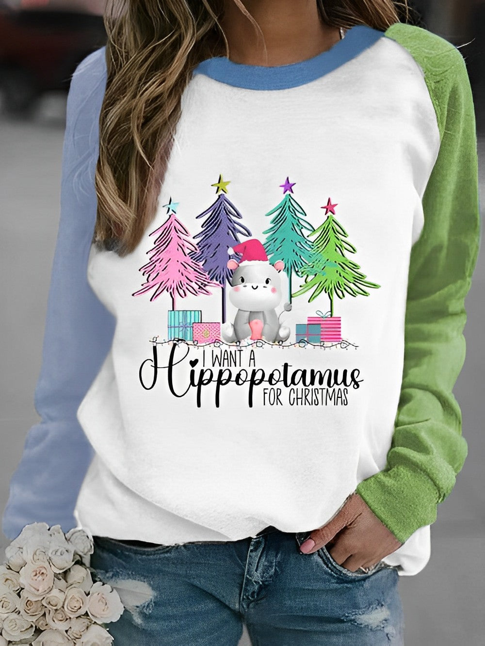 I Want A Hippopotamus For Christma Print Pullover