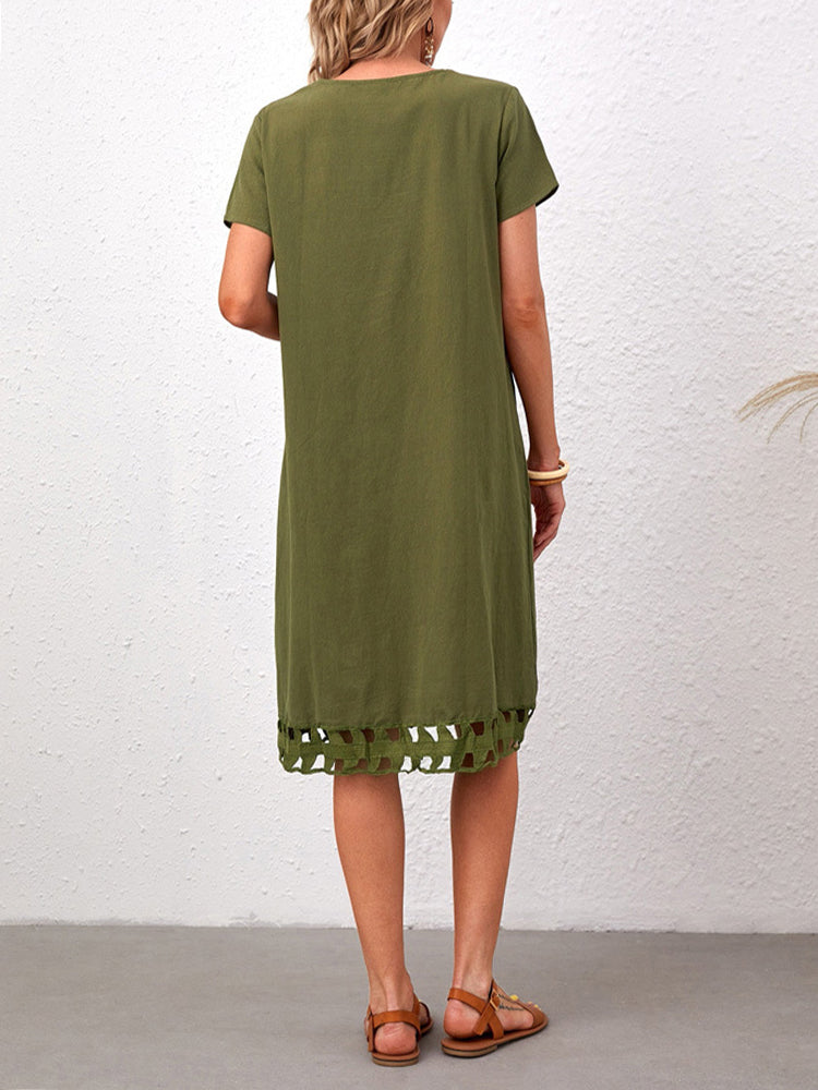 Fashionable all-match V-neck short-sleeved slim solid color cotton and linen dress