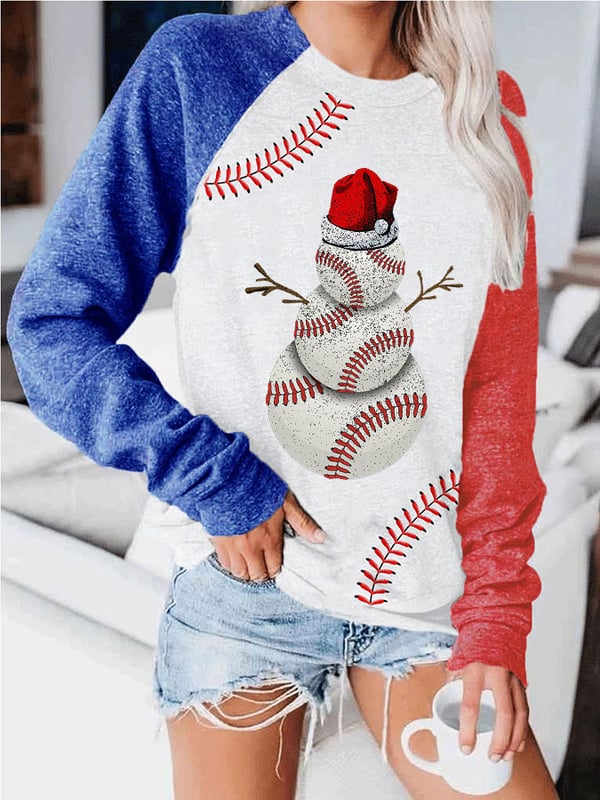 Women's Christmas Baseball Snowman Print Casual Sweatshirt