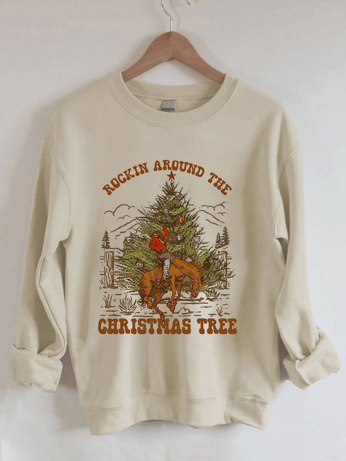 Women's Western and Christmas "ROCKIN AROUND THE CHRISTMAS TREE" Printed Casual Sweatshirt