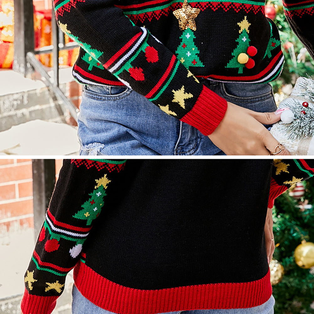 Embroidered Sequin Long Sleeve Knit Loose Pullover Christmas Tree Sweater