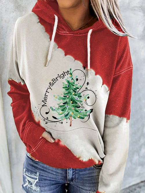 Women's Merry And Bright Christmas Tree Print Casual Hoodie