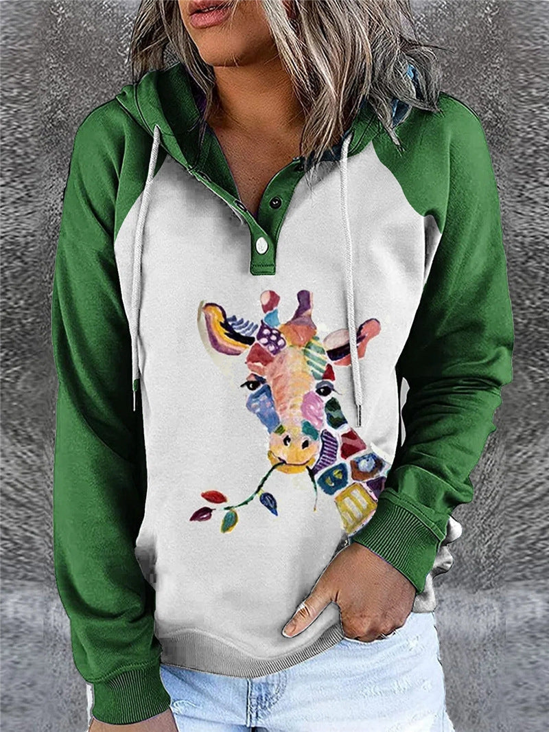 Women's  Button Up  Green Animal Casual Loose Hooded