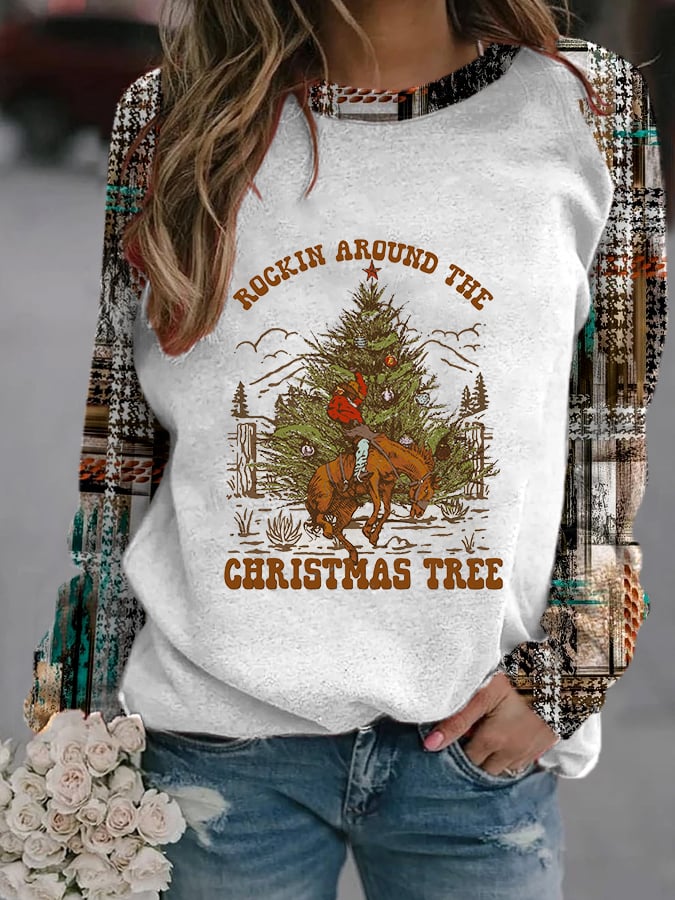 Women's Western and Christmas Combine "ROCKIN AROUND THE CHRISTMAS TREE" Print Sweatshirt