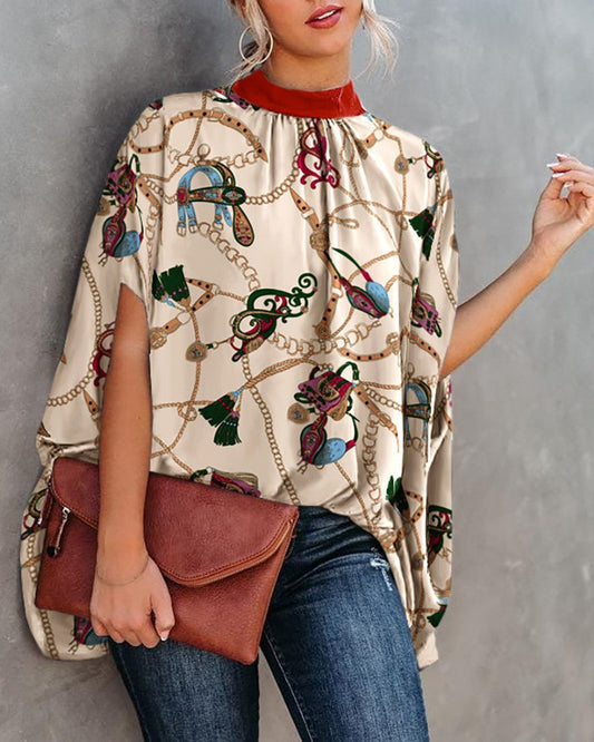 Women's Abstract Print Batwing Sleeve Cape Design Top