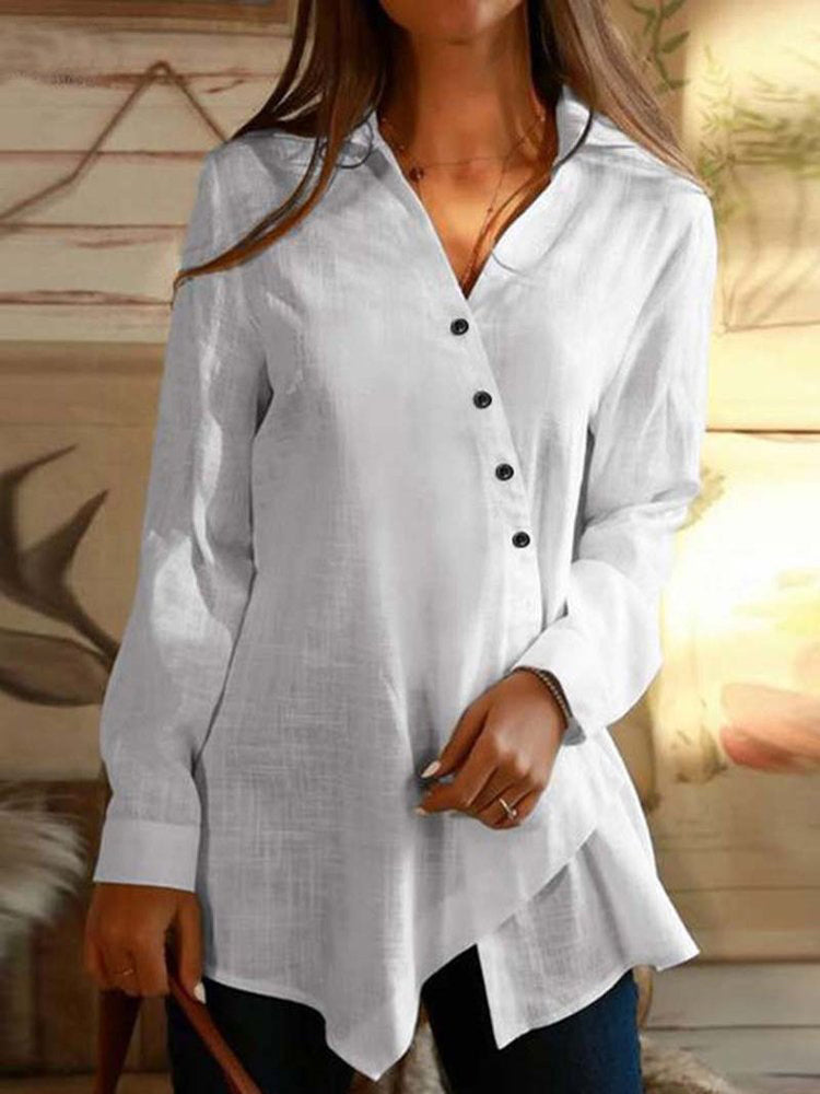 V-neck lapel long-sleeve irregular casual tunic shirt