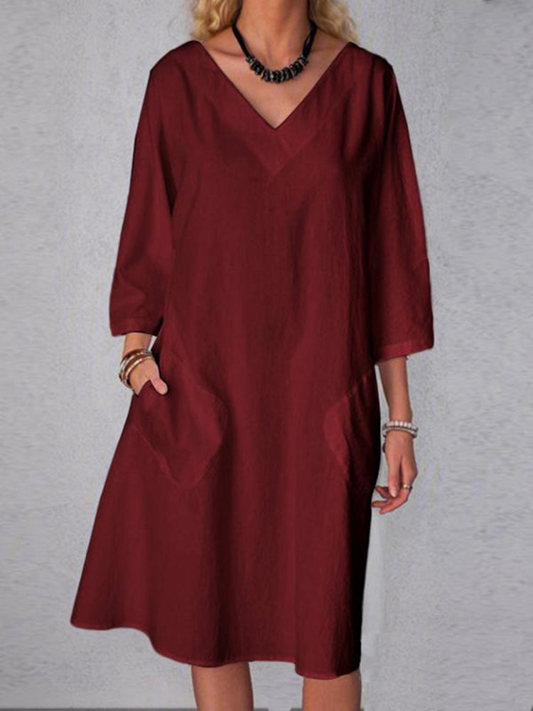 Pure Color V-Neck 3/4 Sleeve Cotton And Linen Dress