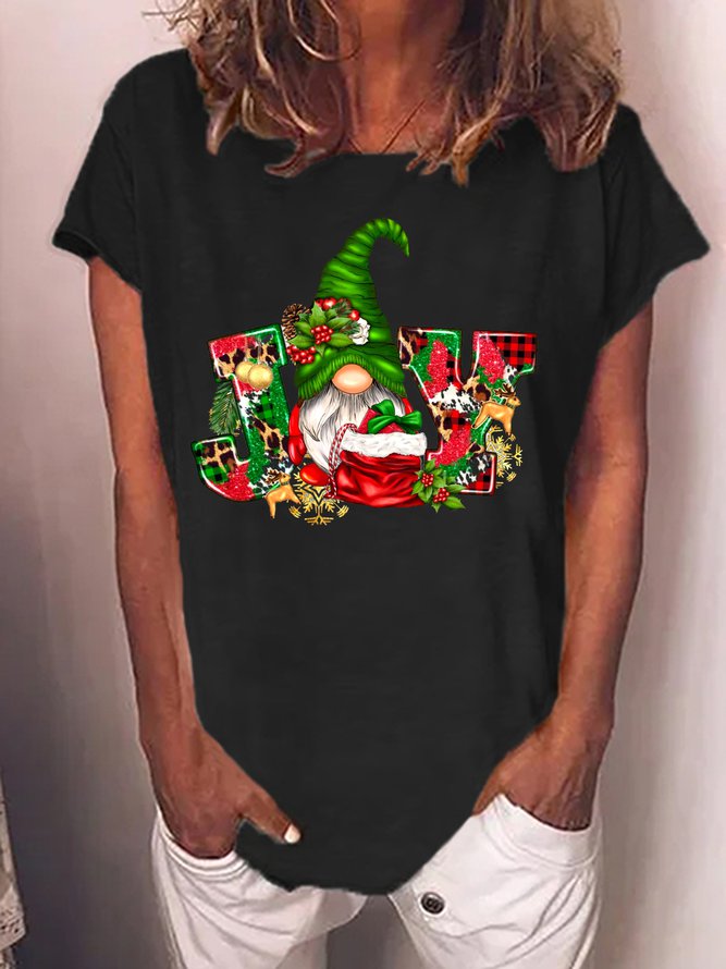 Women's Christmas Gnome Joy Cotton-Blend Casual Loose T-Shirt