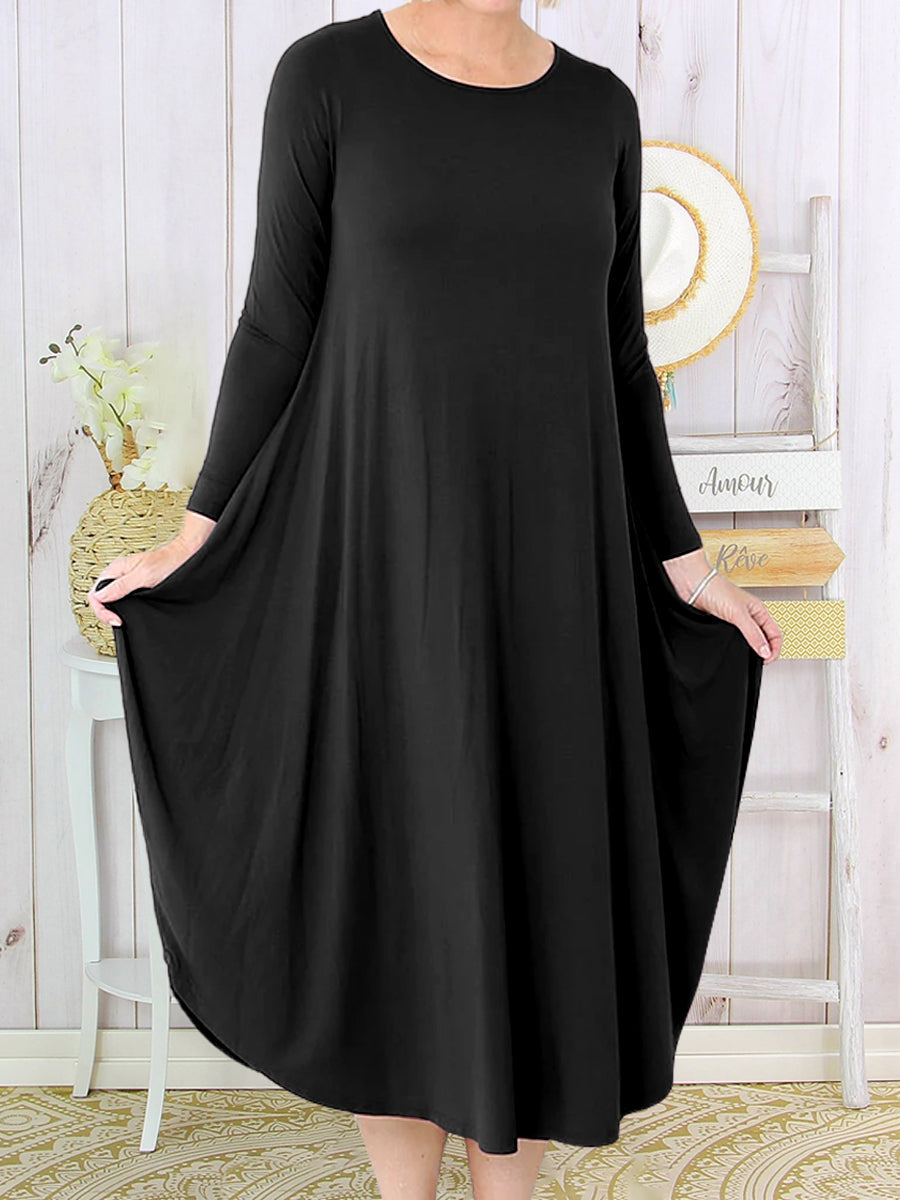 Plus Size Loosen Round Neck Long Sleeve Solid Color Dress