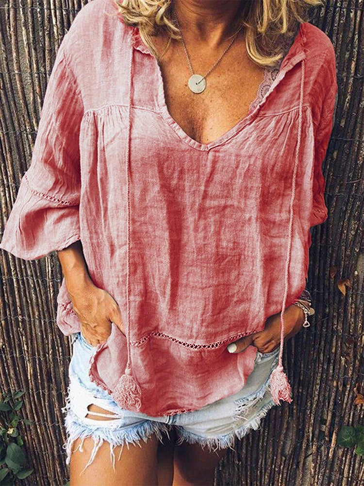 Solid Color Mid Sleeve V-neck Cotton Tops