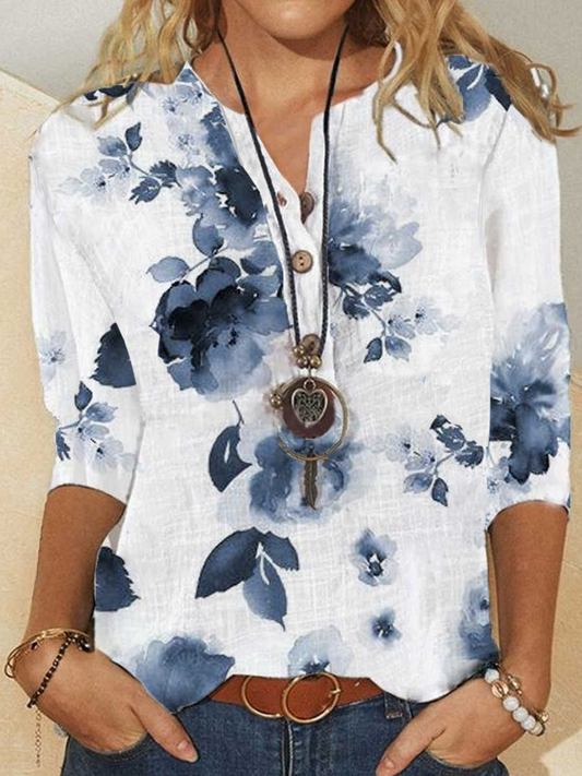 Henley Casual Half Sleeve Floral Blouse