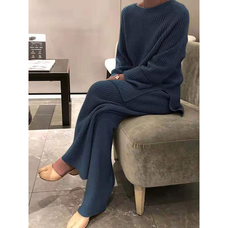 Long sleeve solid color knitted casual two-piece set