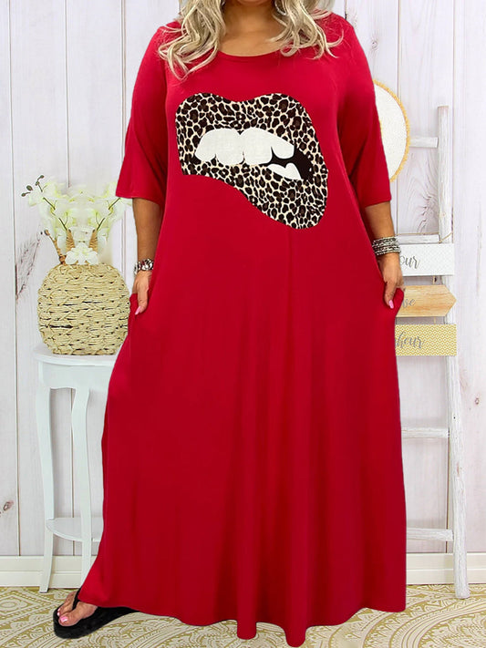 Plus Size Leopard Printed Round Neck 3/4 Sleeve Maxi Dress