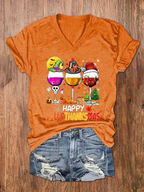 Women's Happy Hallothanksmas Wine Print V-Neck T-Shirt