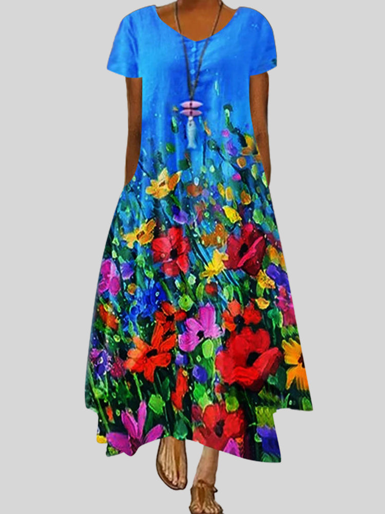 Printed Short Sleeve Dress Irregular Long Dress